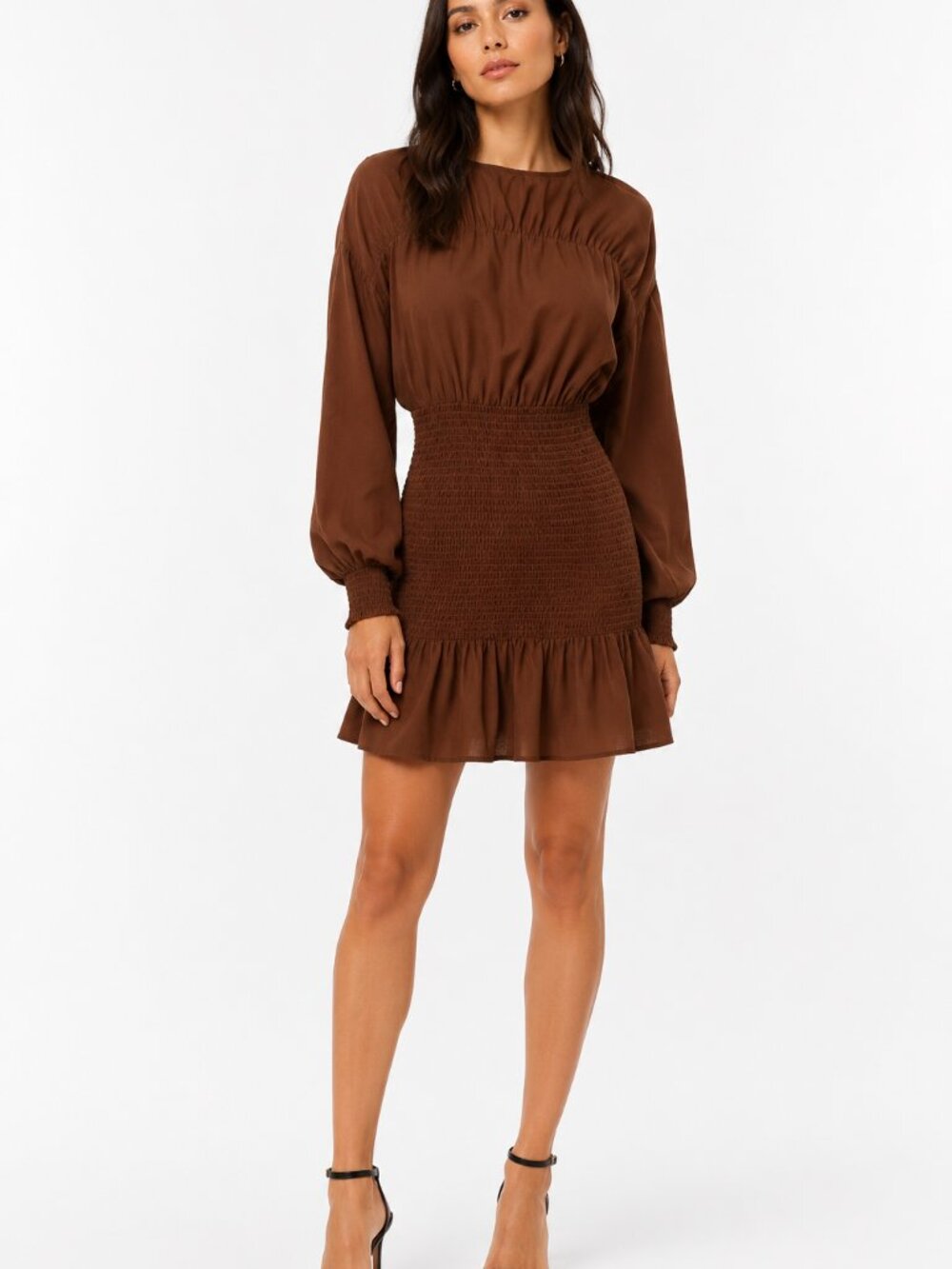 PRETTY LAVISH LUCILLE MINI SHIRRED DRESS IN BROWN - 6